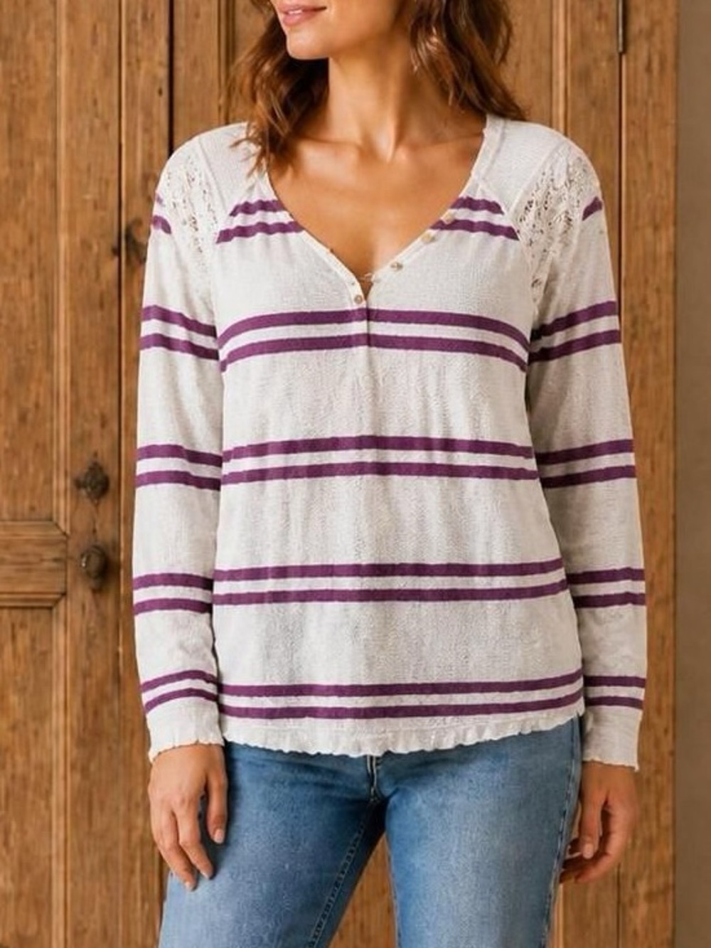 We the free people Henley long sleeve top Medium Guc light gray & purple stripes